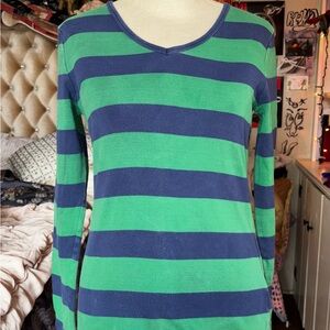 Lands' End Women's Long Sleeve V-Neck Tee in Green and Navy Stripes
